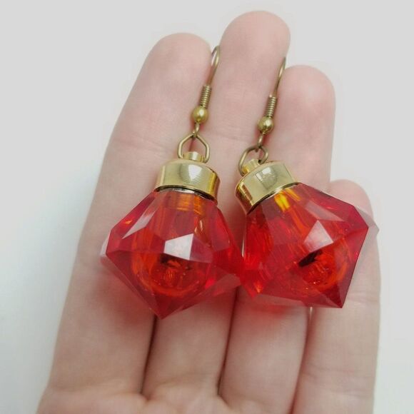 Vintage Bright Red Dangle Earrings, Christmas Ornament Style Shape, Plastic - Picture 6 of 6